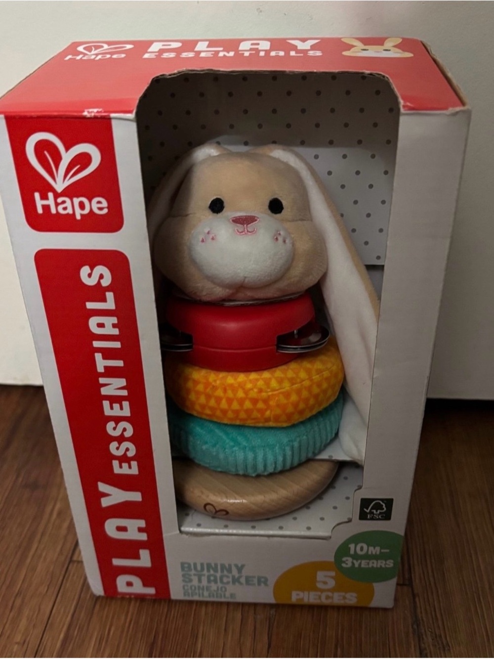 Hape Bunny Stacker Toy with Red, Yellow, Teal Rings